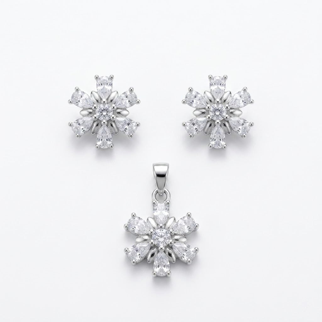 Silvme pure 925 sterling silver snowflake pendant and stud earrings set with cubic zirconia, front view on white background