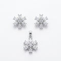 Silvme pure 925 sterling silver snowflake pendant and stud earrings set with cubic zirconia, front view on white background