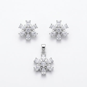 Silvme pure 925 sterling silver snowflake pendant and stud earrings set with cubic zirconia, front view on white background
