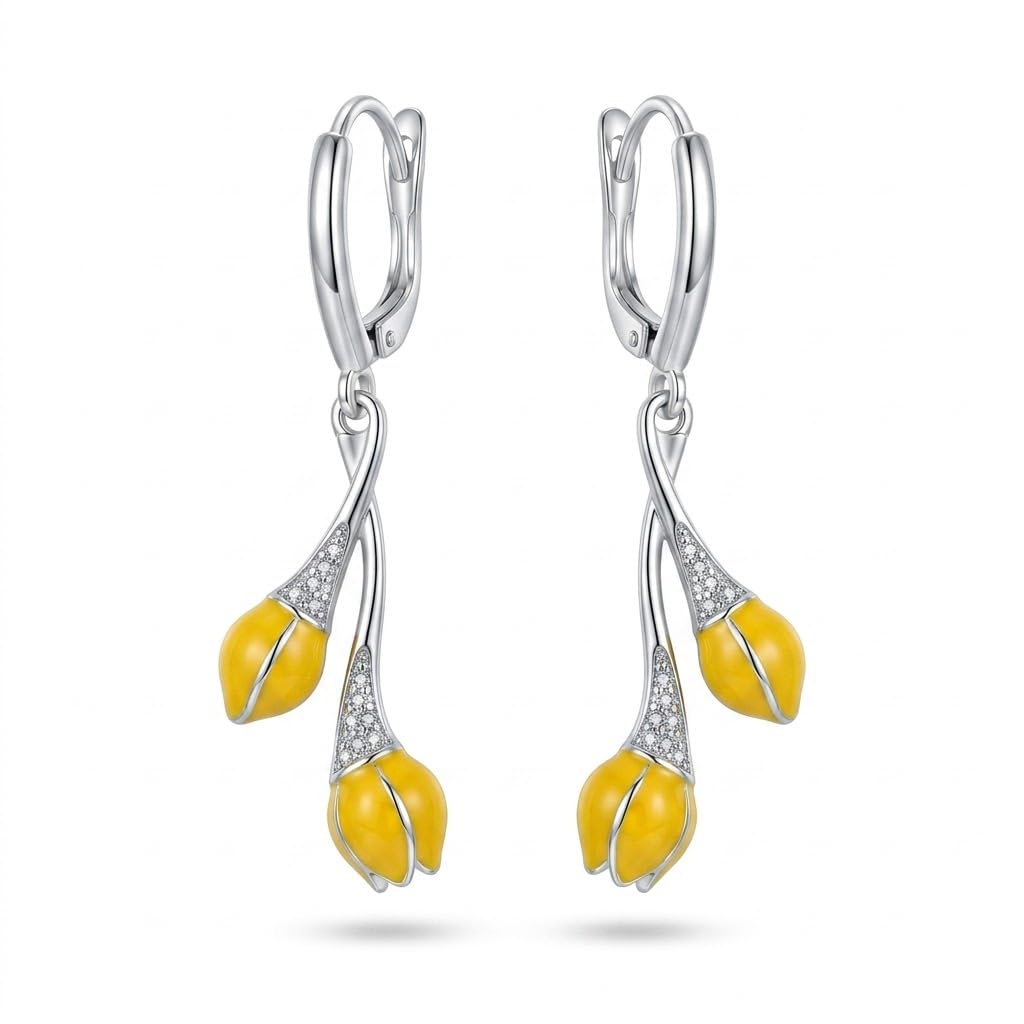 Silvme 925 Sterling Silver Yellow Enamel Flower Drop Earrings for women - white-background product photo of silver drop earrings