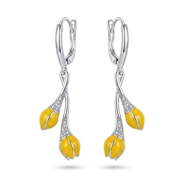 Silvme 925 Sterling Silver Yellow Enamel Flower Drop Earrings for women - white-background product photo of silver drop earrings