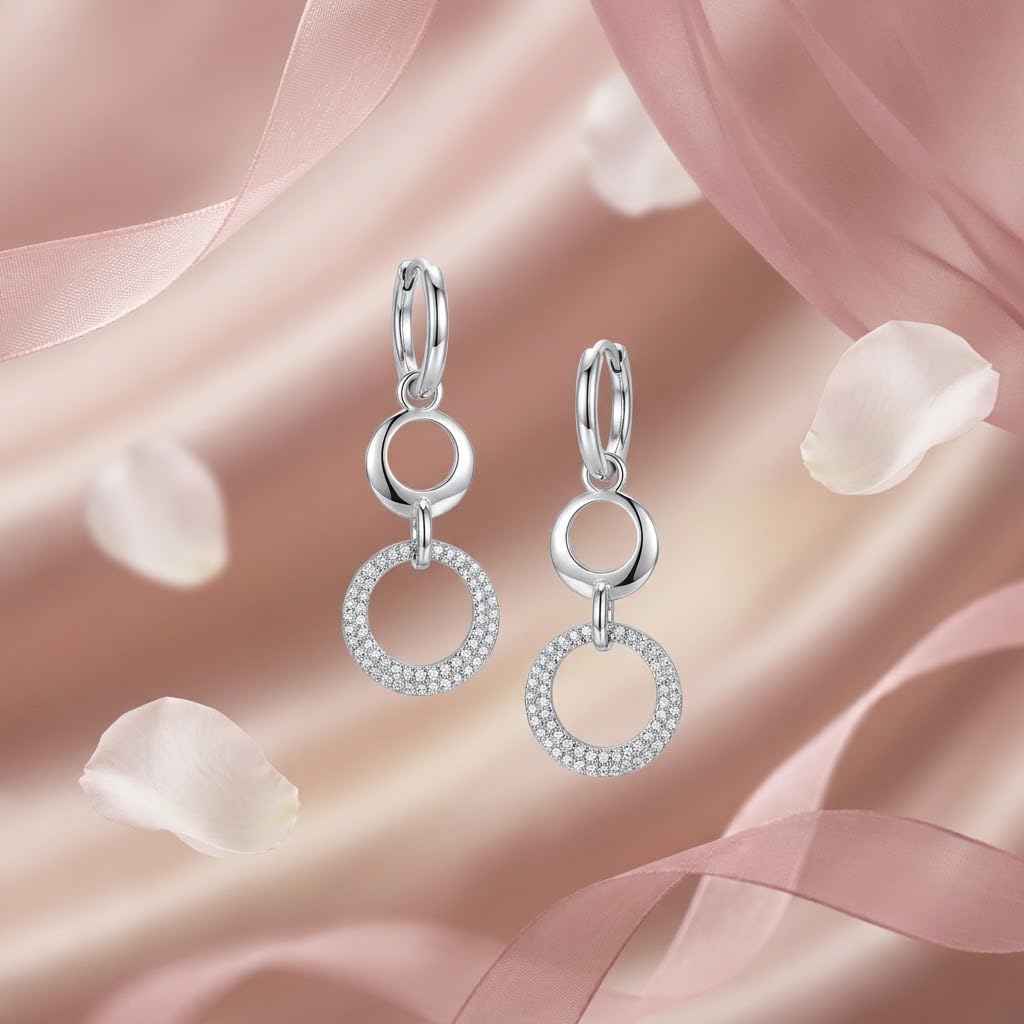 Silvme 925 Sterling Silver Double Circle Drop Earrings for women - white-background product photo of silver drop earrings