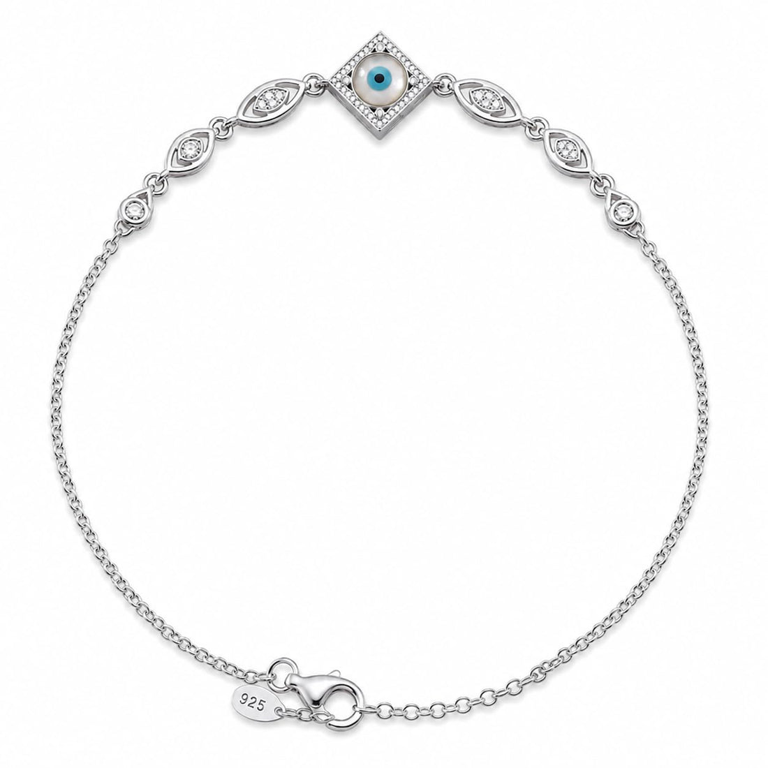 Silvme 925 sterling silver rhombus CZ evil eye anklet with a rhombus CZ frame around an evil-eye, white background full view