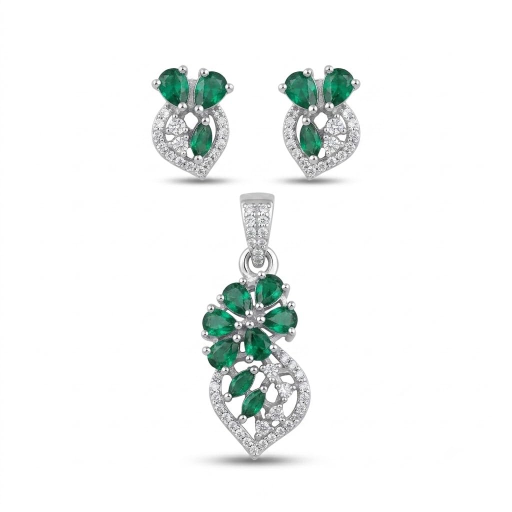 Silvme pure 925 sterling silver green floral pendant and stud earrings set with green cubic zirconia, front view on white background