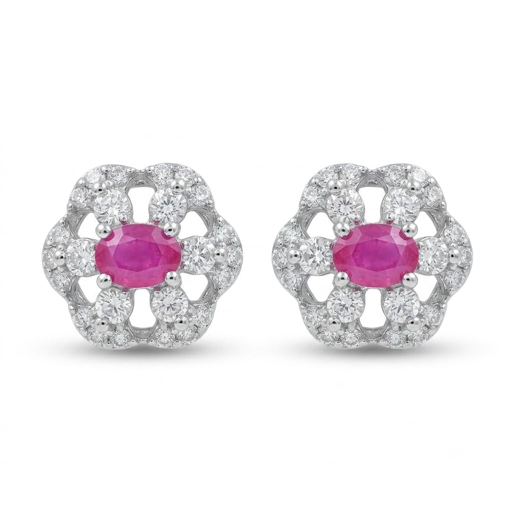 Pink Oval-Centre Flower Cluster Stud Earrings, front product view