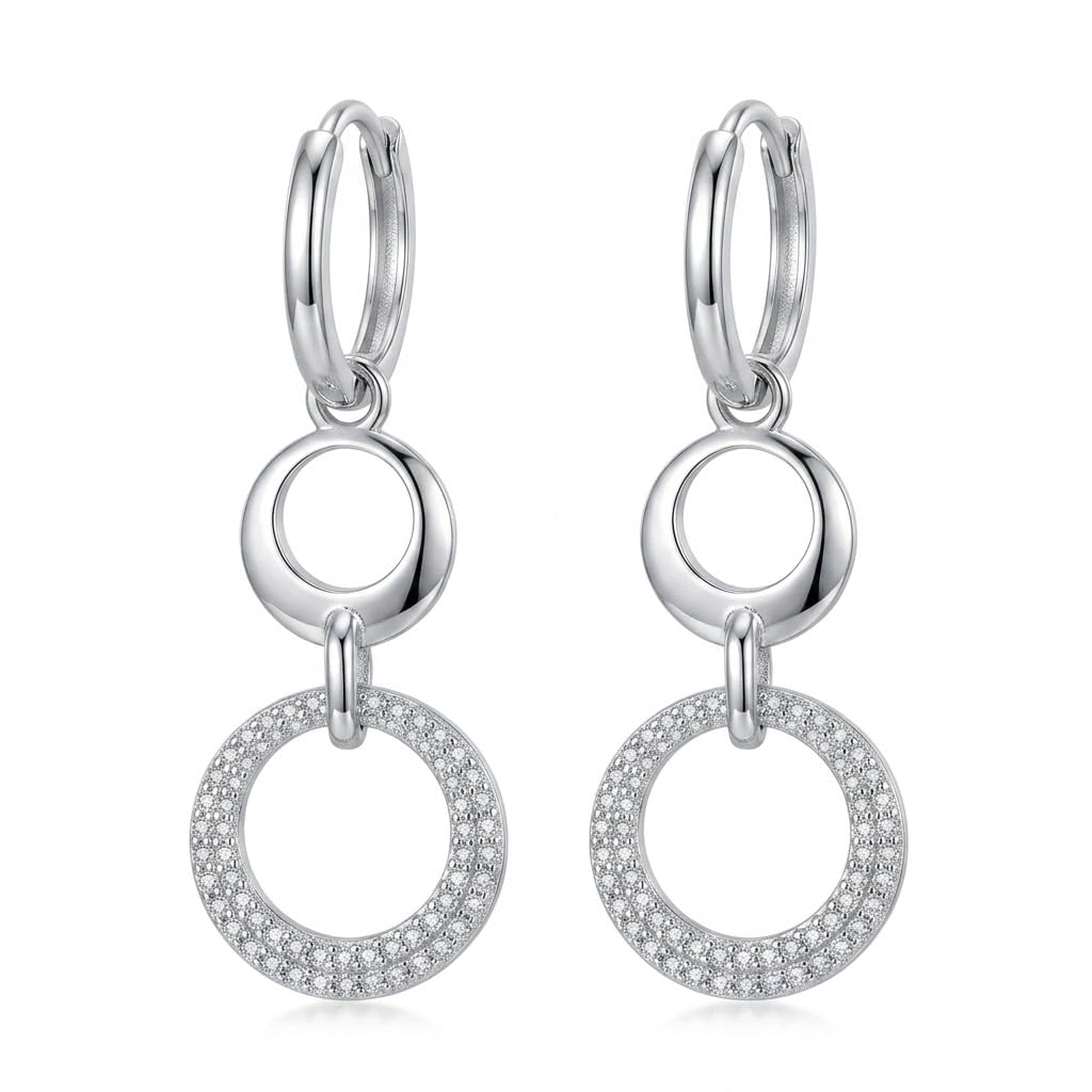 Silvme 925 Sterling Silver Double Circle Drop Earrings for women - white-background product photo of silver drop earrings