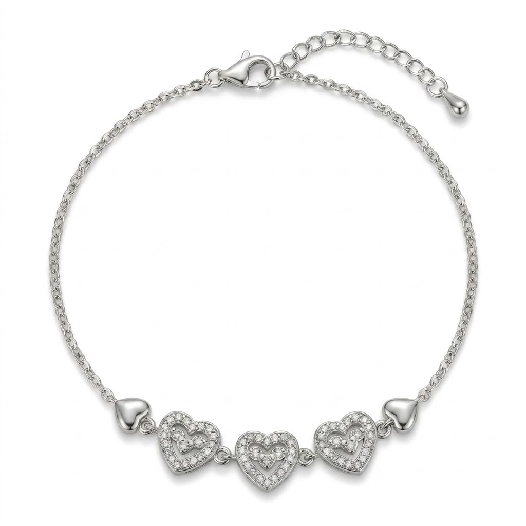 Silvme Triple Heart Pavé Charm Bracelet set with cubic zirconia, crafted in 925 sterling silver for women
