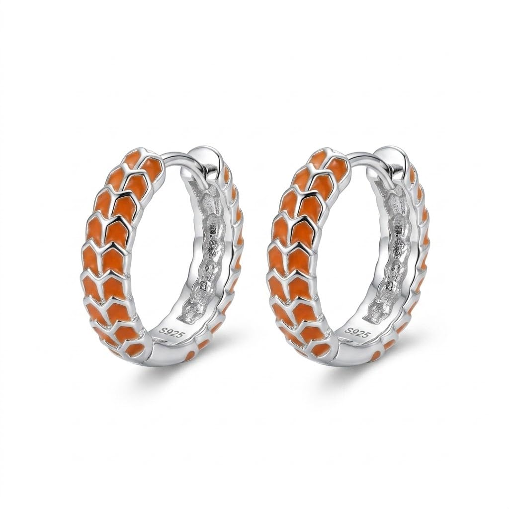 Silvme 925 Sterling Silver Orange Enamel Hoop Earrings for women - white-background product photo of silver bali hoop earrings