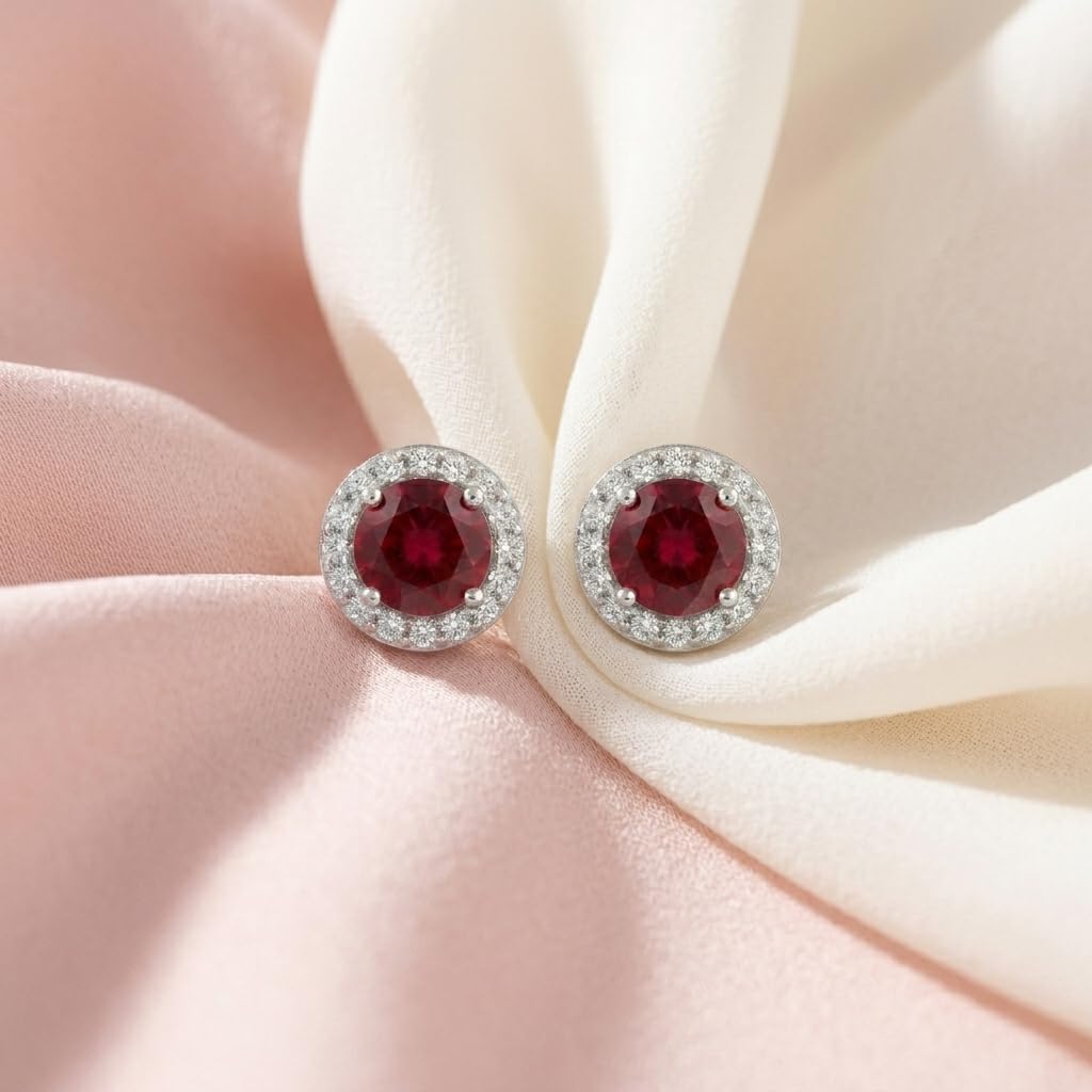 Red Round Halo Stud Earrings, additional product view 8