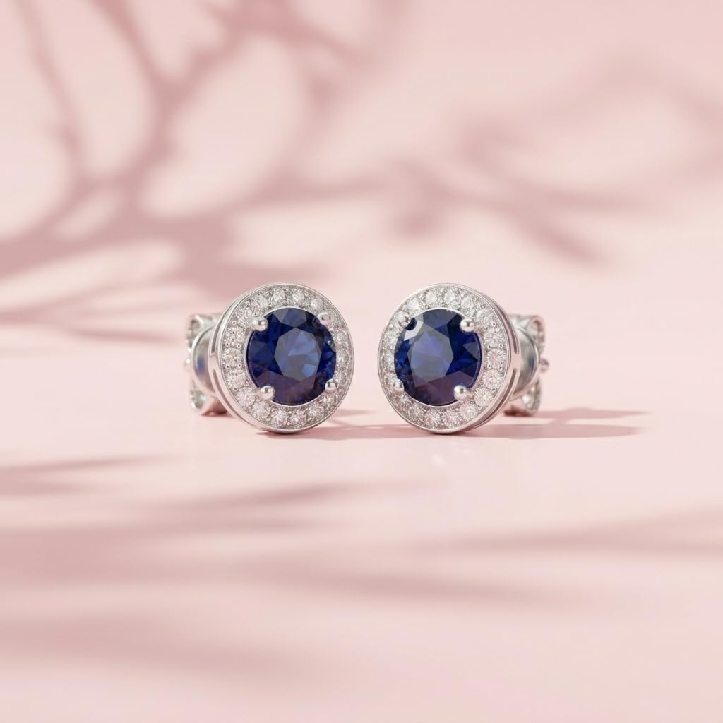 Blue Round Halo Stud Earrings, additional product view 4