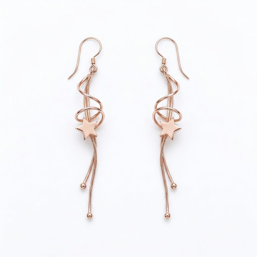 Rose Gold Floating Star Dangle Earrings, front product view