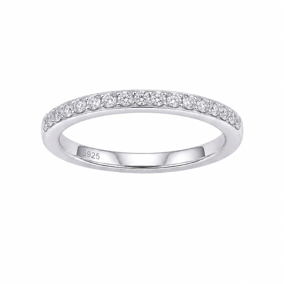 Silvme Clear CZ Half-Eternity 925 sterling silver ring for women set with cubic zirconia — front view on white background