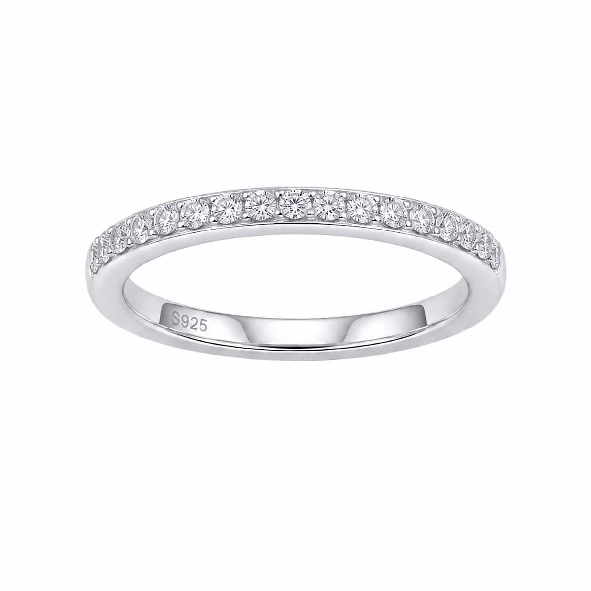Silvme Clear CZ Half-Eternity 925 sterling silver ring for women set with cubic zirconia — front view on white background