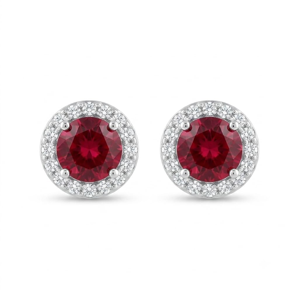 Red Round Halo Stud Earrings, front product view