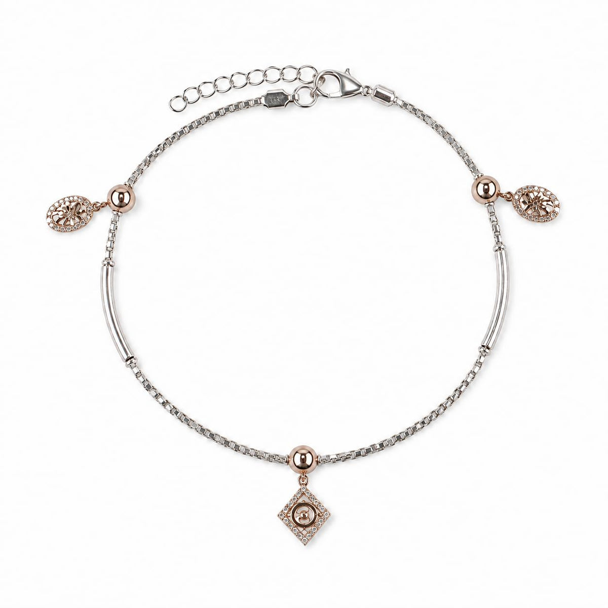 Additional detail view of the Silvme rose-gold CZ charm 925 silver anklet payal (7)