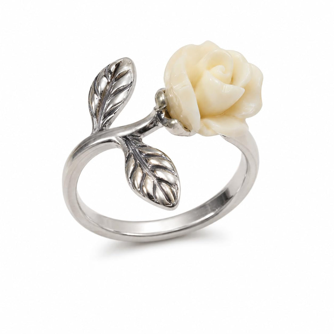 Silvme Carved Rose Botanical 925 sterling silver ring for women — front view on white background