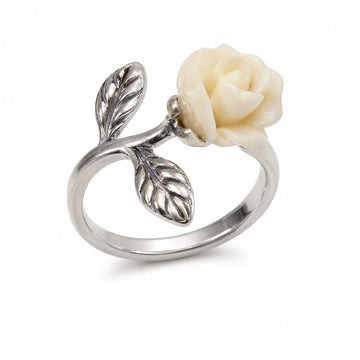 Silvme Carved Rose Botanical 925 sterling silver ring for women — front view on white background