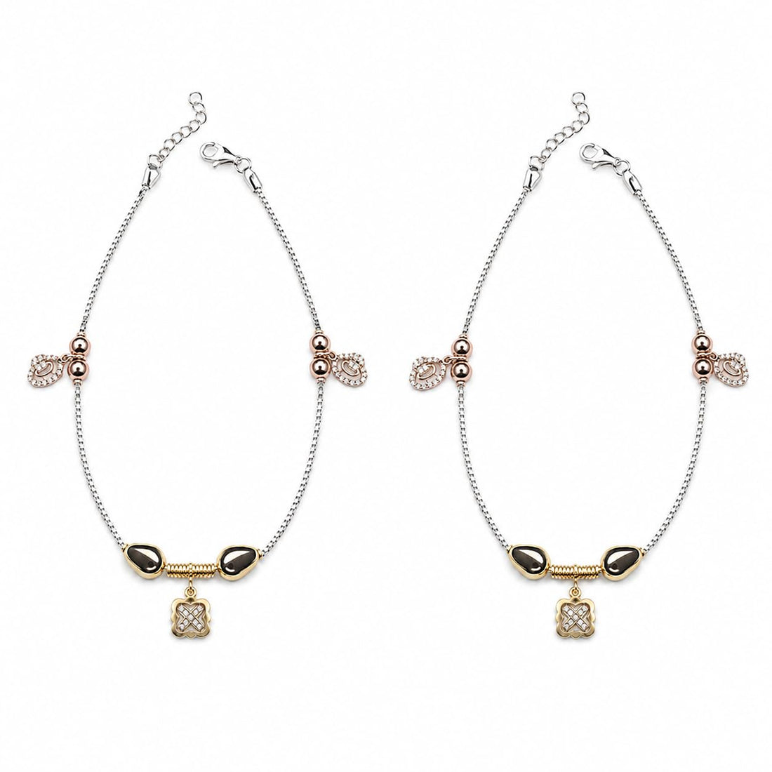 Silvme 925 sterling silver rose-gold CZ leaf & square charm anklet, white background full view