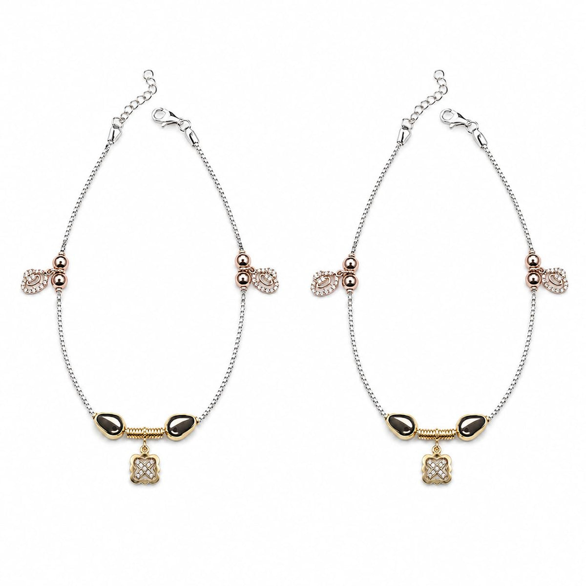 Silvme 925 sterling silver rose-gold CZ leaf & square charm anklet, white background full view