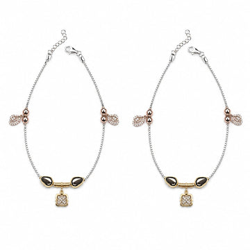 Silvme 925 sterling silver rose-gold CZ leaf & square charm anklet, white background full view