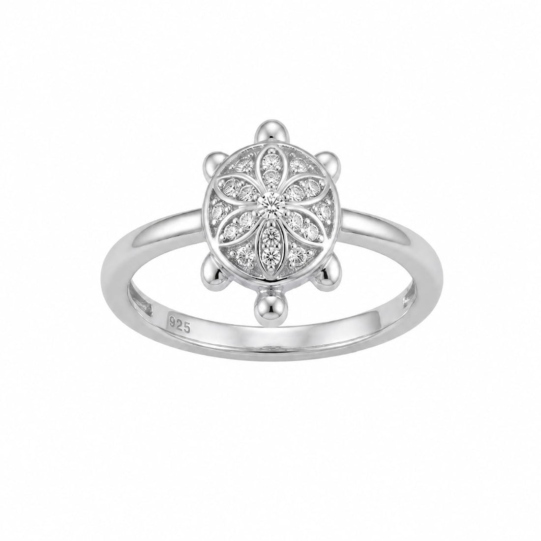Silvme mini turtle 925 sterling silver ring for women with mini petal-motif shell dotted with stones