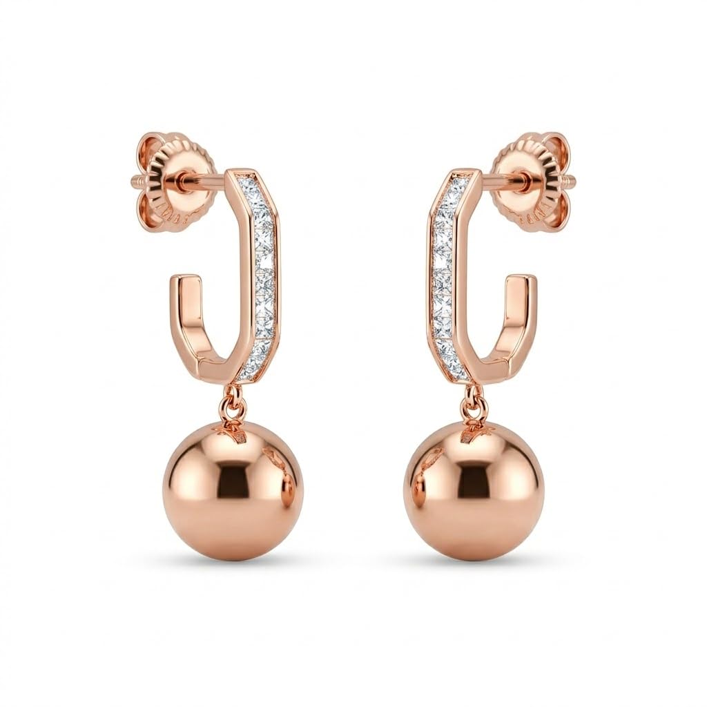 Rose Gold Channel Huggie Ball Drop Earrings, front product view