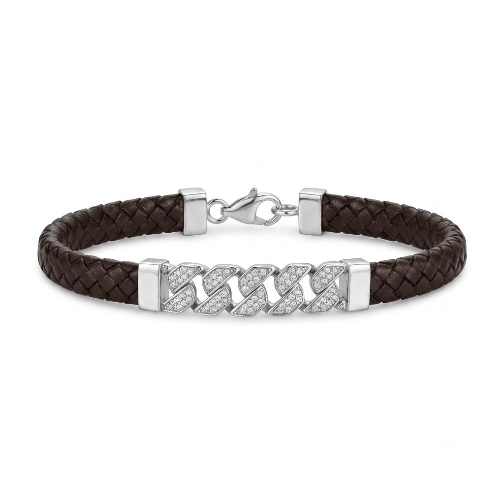 Silvme braided cord bracelet with pave bar for men laid flat on a white background
