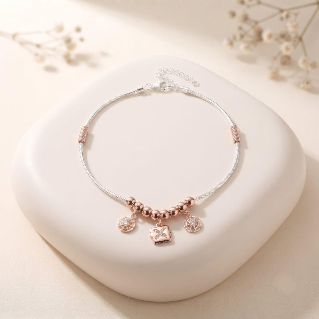 Silvme 925 Sterling Silver Rose-Gold Bead Floral CZ Charm Anklet for Women & Girls