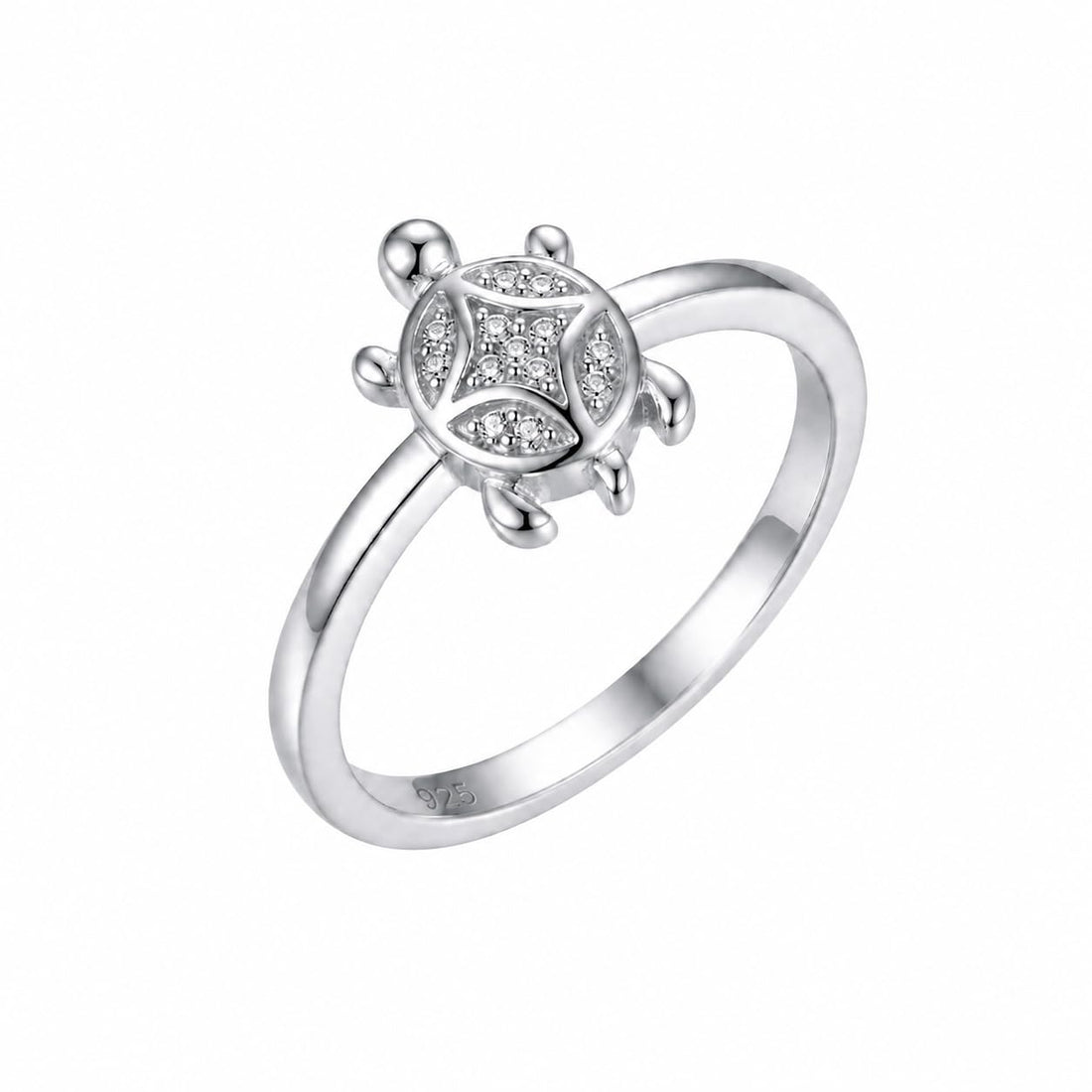 Silvme dainty turtle 925 sterling silver ring for women with neat oval stone-set shell on a fine band
