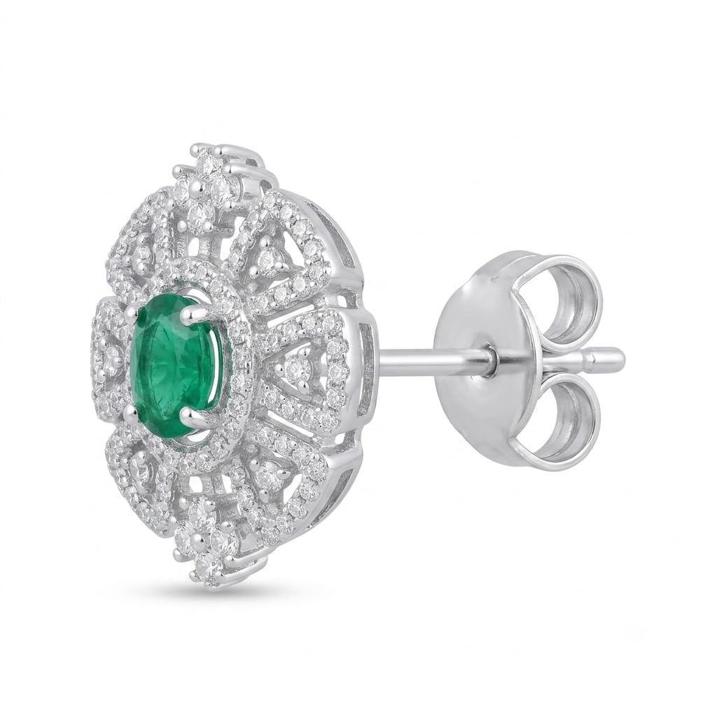 Green Round Stone-Set Stud Earrings, close-up detail