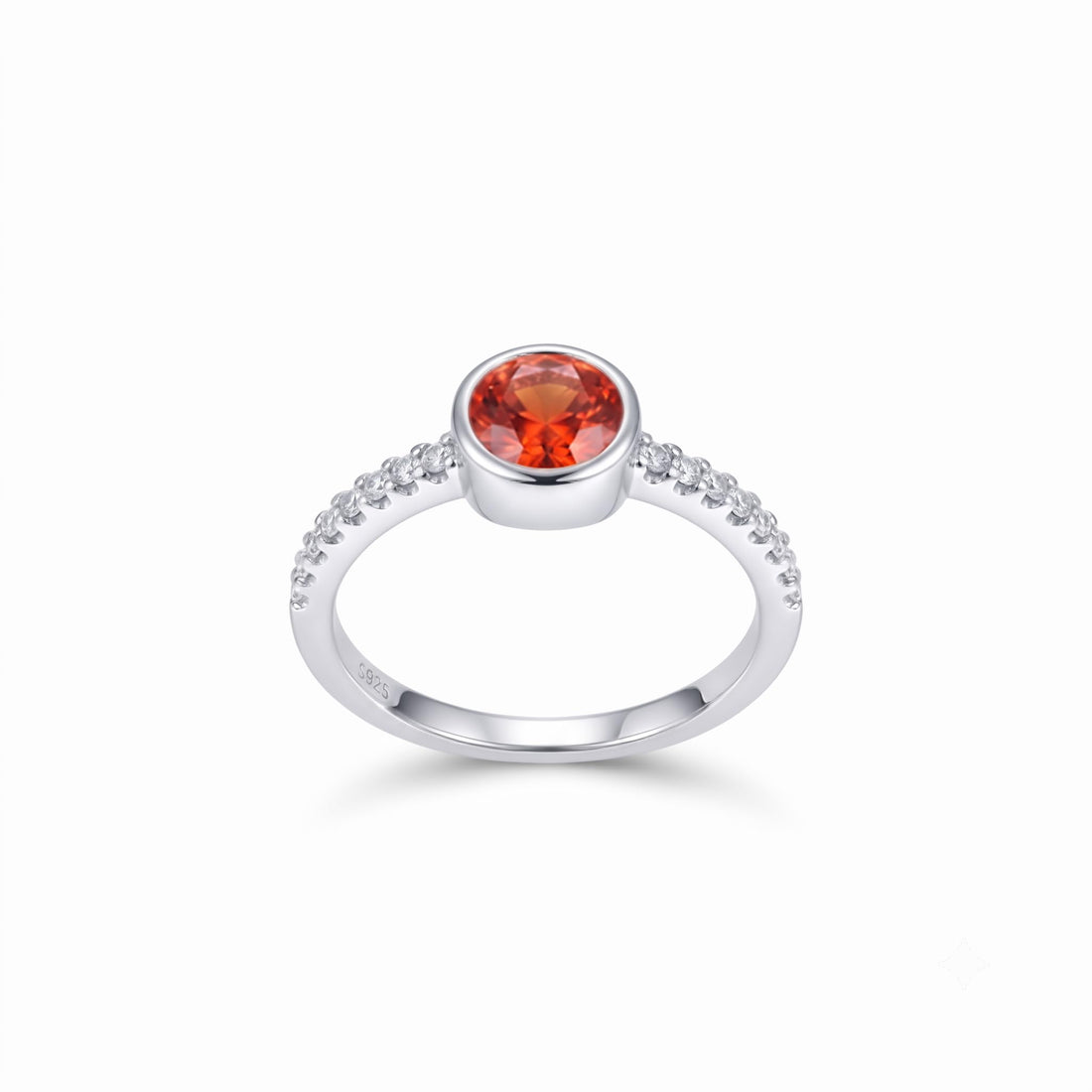 Silvme Orange-Red Bezel Solitaire 925 sterling silver ring for women set with cubic zirconia — front view on white background