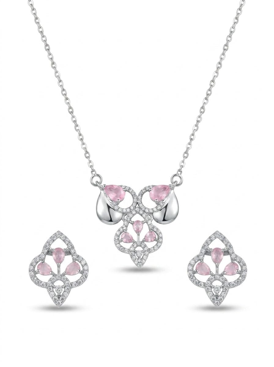 Silvme 925 silver pink drop cluster pendant necklace and stud earrings with pink cubic zirconia, side profile view