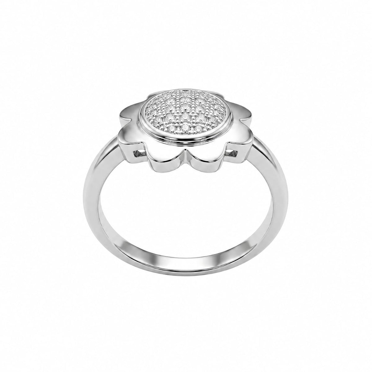 Silvme Dainty Daisy Crystal 925 sterling silver ring for women set with cubic zirconia — front view on white background
