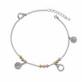 Silvme 925 sterling silver tree of life tri-tone charm anklet with tri-tone tree-of-life discs and a CZ charm, white background full view