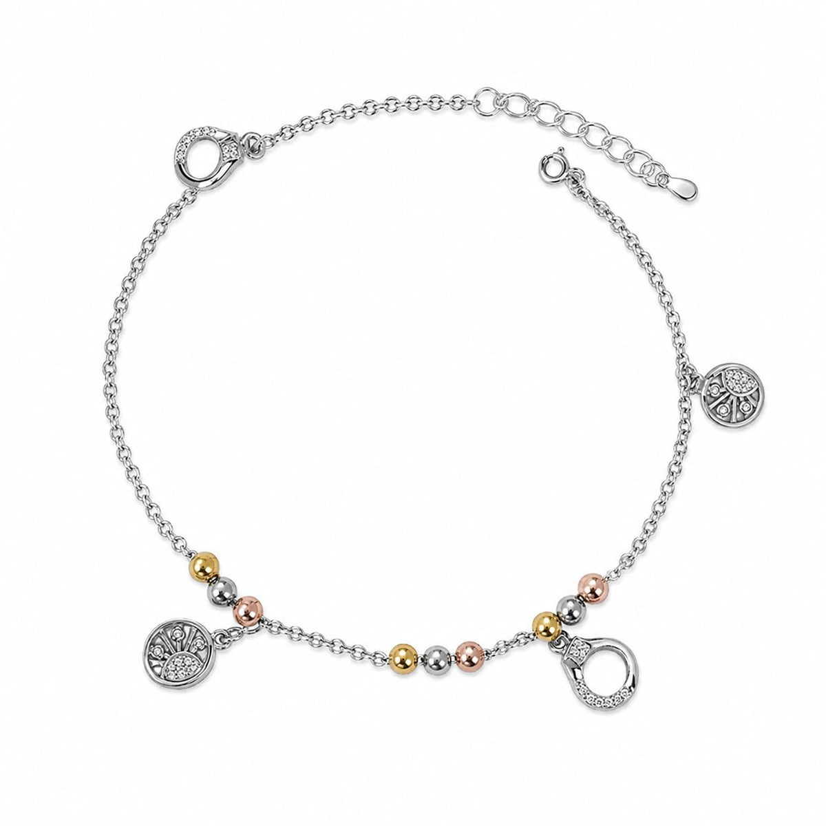 Silvme 925 sterling silver tree of life tri-tone charm anklet with tri-tone tree-of-life discs and a CZ charm, white background full view