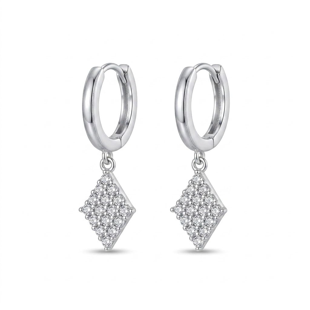 Silvme 925 Sterling Silver CZ Rhombus Drop Earrings for women - white-background product photo of silver drop earrings