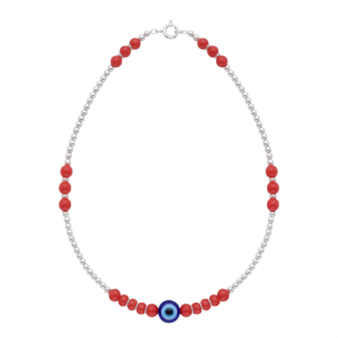 Silvme 925 sterling silver red bead evil eye anklet with red beads and a blue evil-eye charm, white background full view