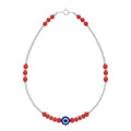 Silvme 925 sterling silver red bead evil eye anklet with red beads and a blue evil-eye charm, white background full view