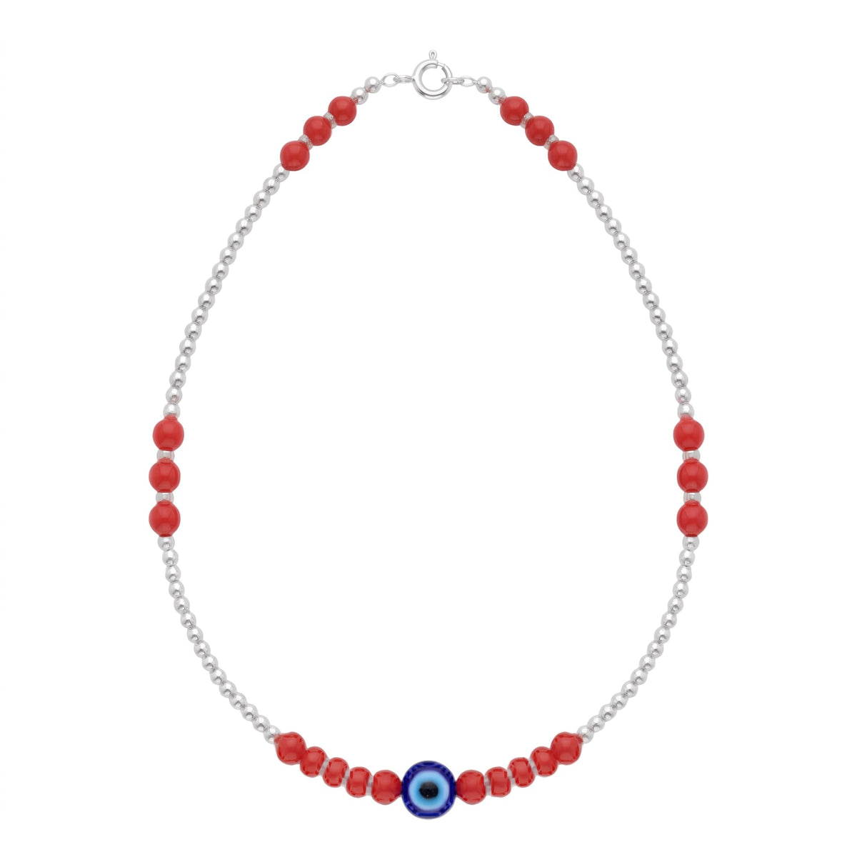 Silvme 925 sterling silver red bead evil eye anklet with red beads and a blue evil-eye charm, white background full view
