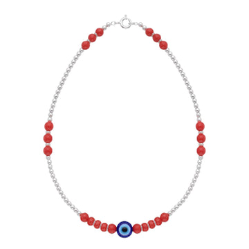 Silvme 925 sterling silver red bead evil eye anklet with red beads and a blue evil-eye charm, white background full view