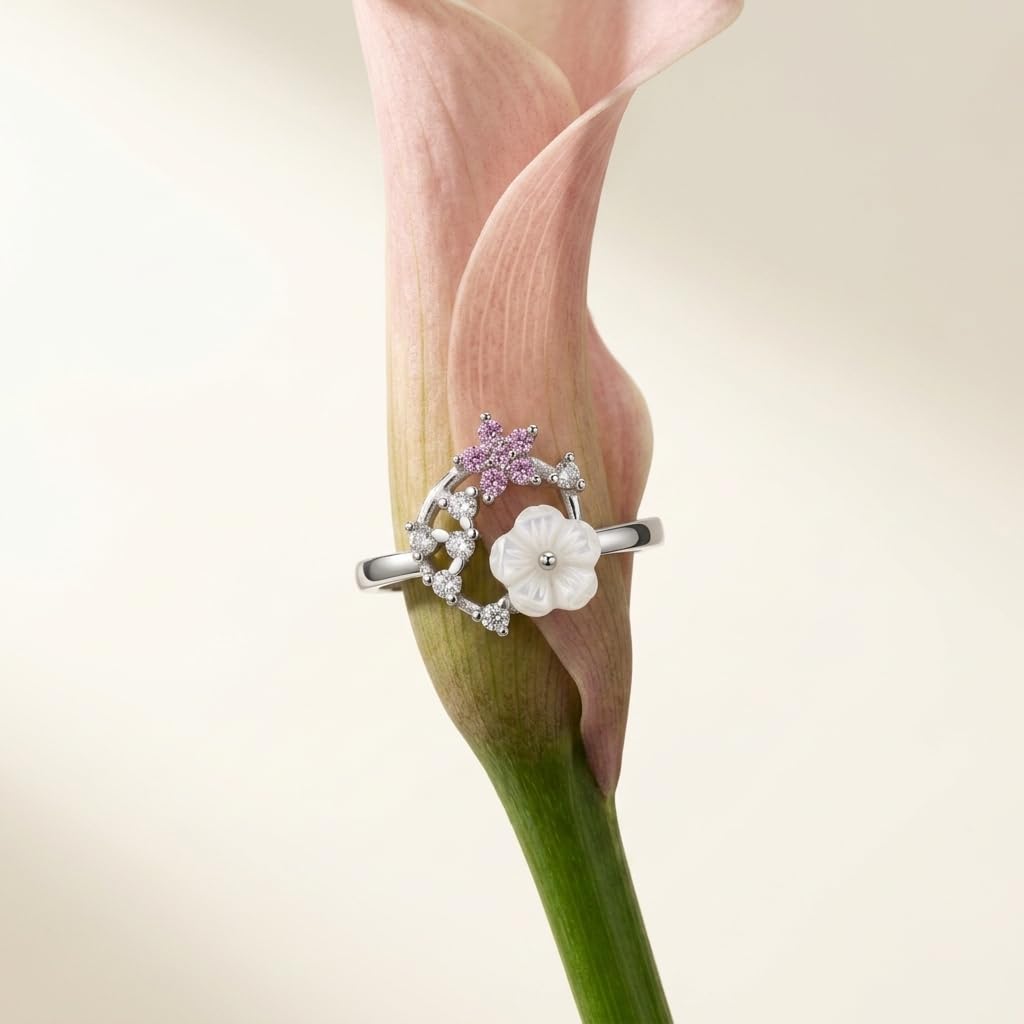 Silvme Butterfly Garden Wreath 925 sterling silver ring for women with a pearl-effect accent — side profile
