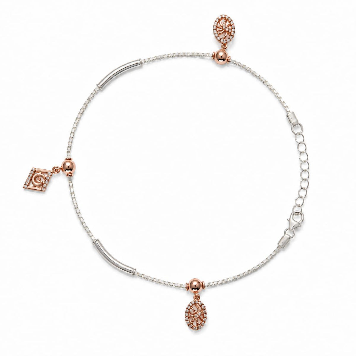Silvme 925 sterling silver rose-gold CZ charm anklet with a rose-gold square CZ and an oval CZ drop, white background full view