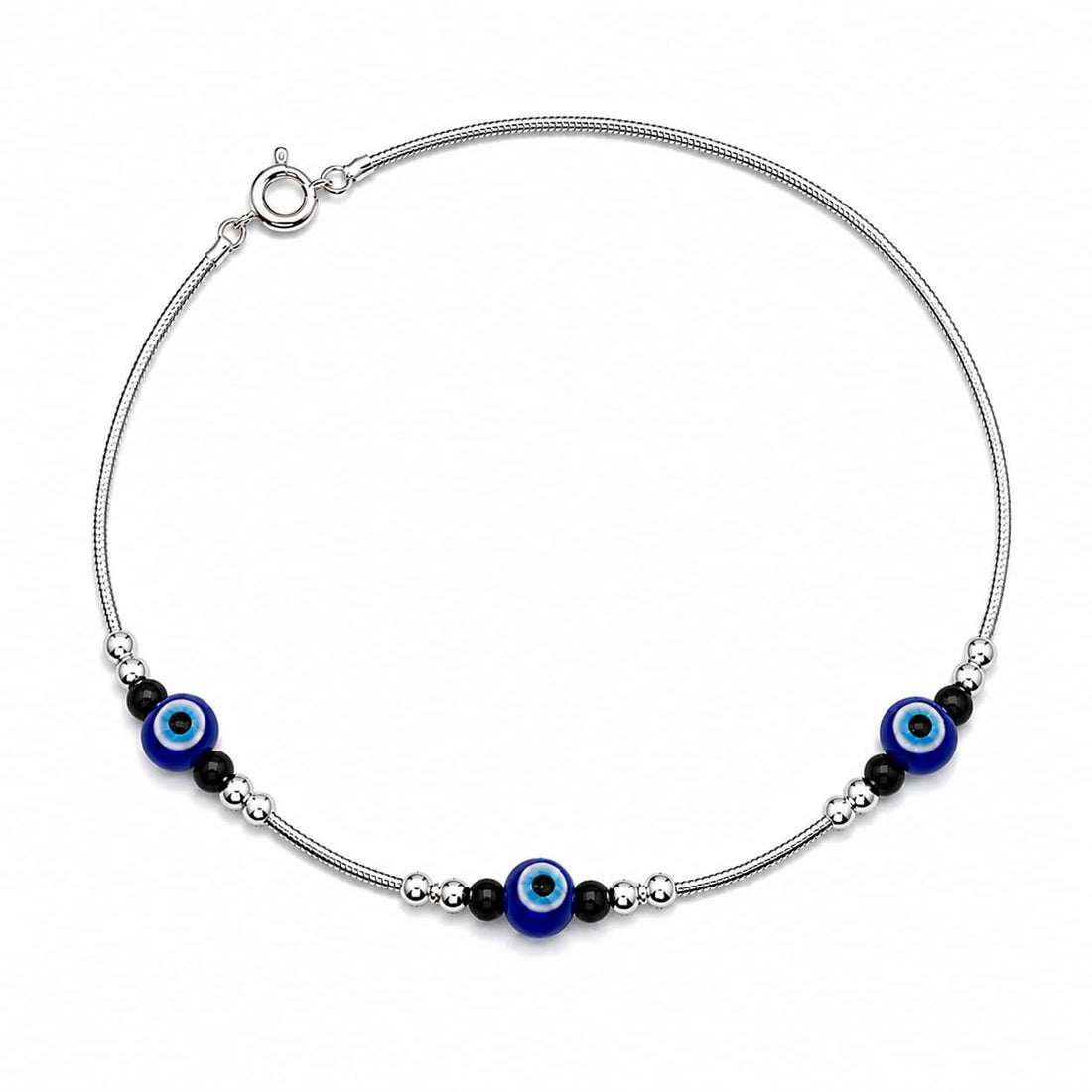 Silvme 925 sterling silver evil eye & black bead cluster anklet with a blue evil-eye and black-bead cluster, white background full view