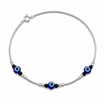 Silvme 925 sterling silver evil eye & black bead cluster anklet with a blue evil-eye and black-bead cluster, white background full view