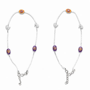 Silvme 925 Sterling Silver Orange & Purple Floral Bead Anklet for Women & Girls