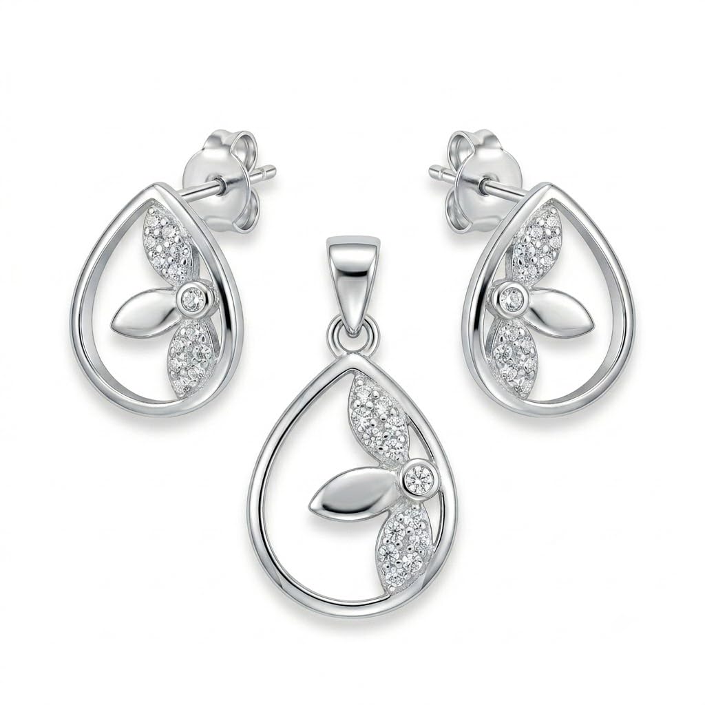 Silvme pure 925 sterling silver teardrop pendant and drop earrings set with cubic zirconia, front view on white background