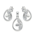 Silvme pure 925 sterling silver teardrop pendant and drop earrings set with cubic zirconia, front view on white background