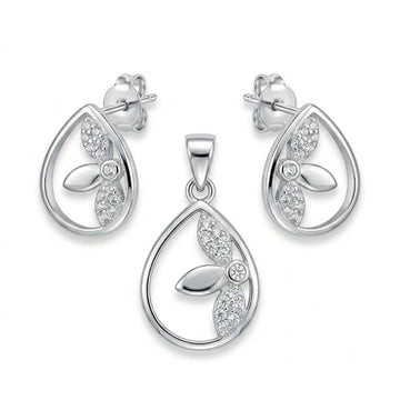 Silvme pure 925 sterling silver teardrop pendant and drop earrings set with cubic zirconia, front view on white background