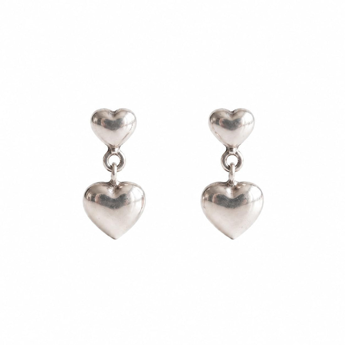 Double Puffed Heart Drop 925 silver drop stud earrings for women, gift for sister, shown as a matching pair