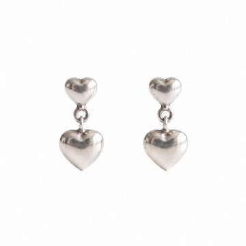 Double Puffed Heart Drop 925 silver drop stud earrings for women, gift for sister, shown as a matching pair